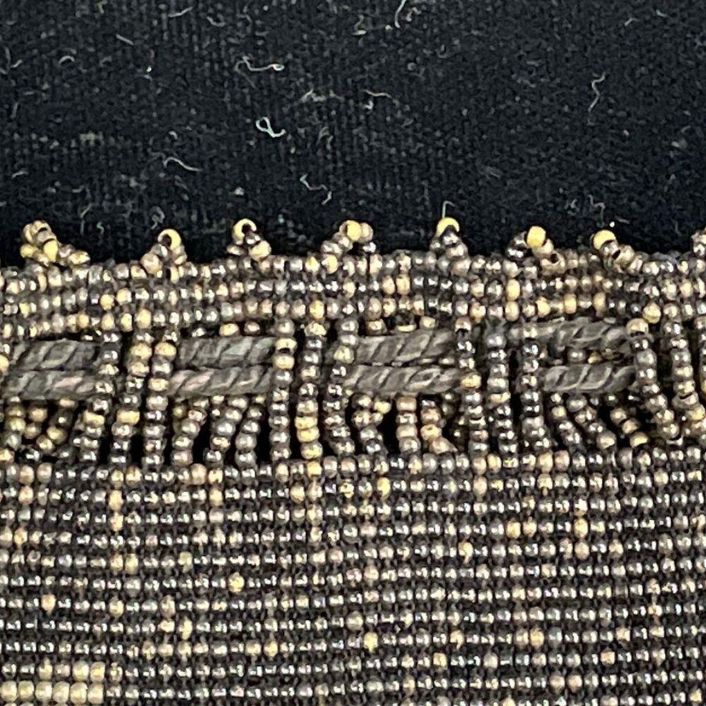 Antique Beaded Drawstring Pouch – Black & Gold, Fringe Tassels, Art Deco Style - Picture 6 of 10